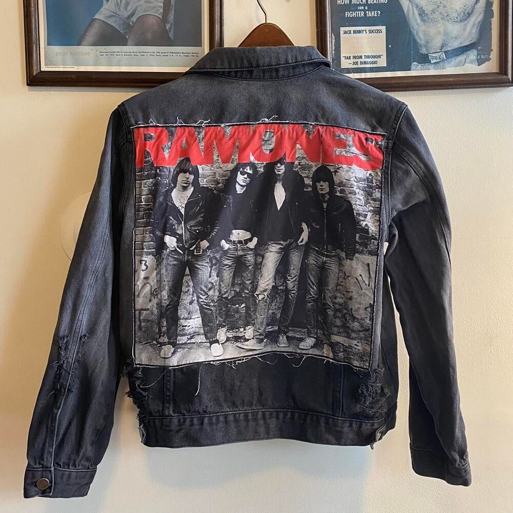 Rare Ramones Black Denim Distressed Jacket Vintage Distressed Look
